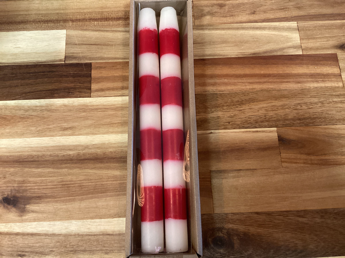 taper candle, red and white stripes, set of 2