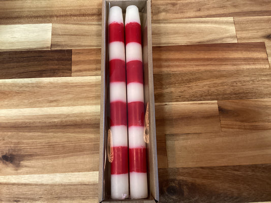 taper candle, red and white stripes, set of 2