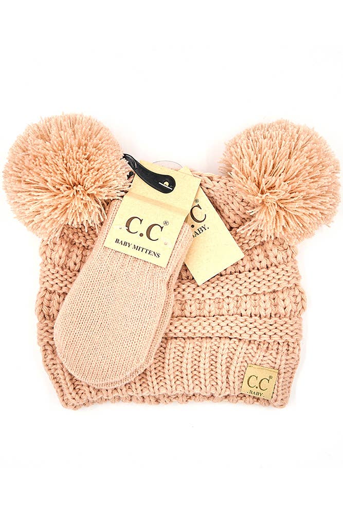 C.C Baby Solid Ribbed Pom Beanie and Mitten Glove: Pale Pink