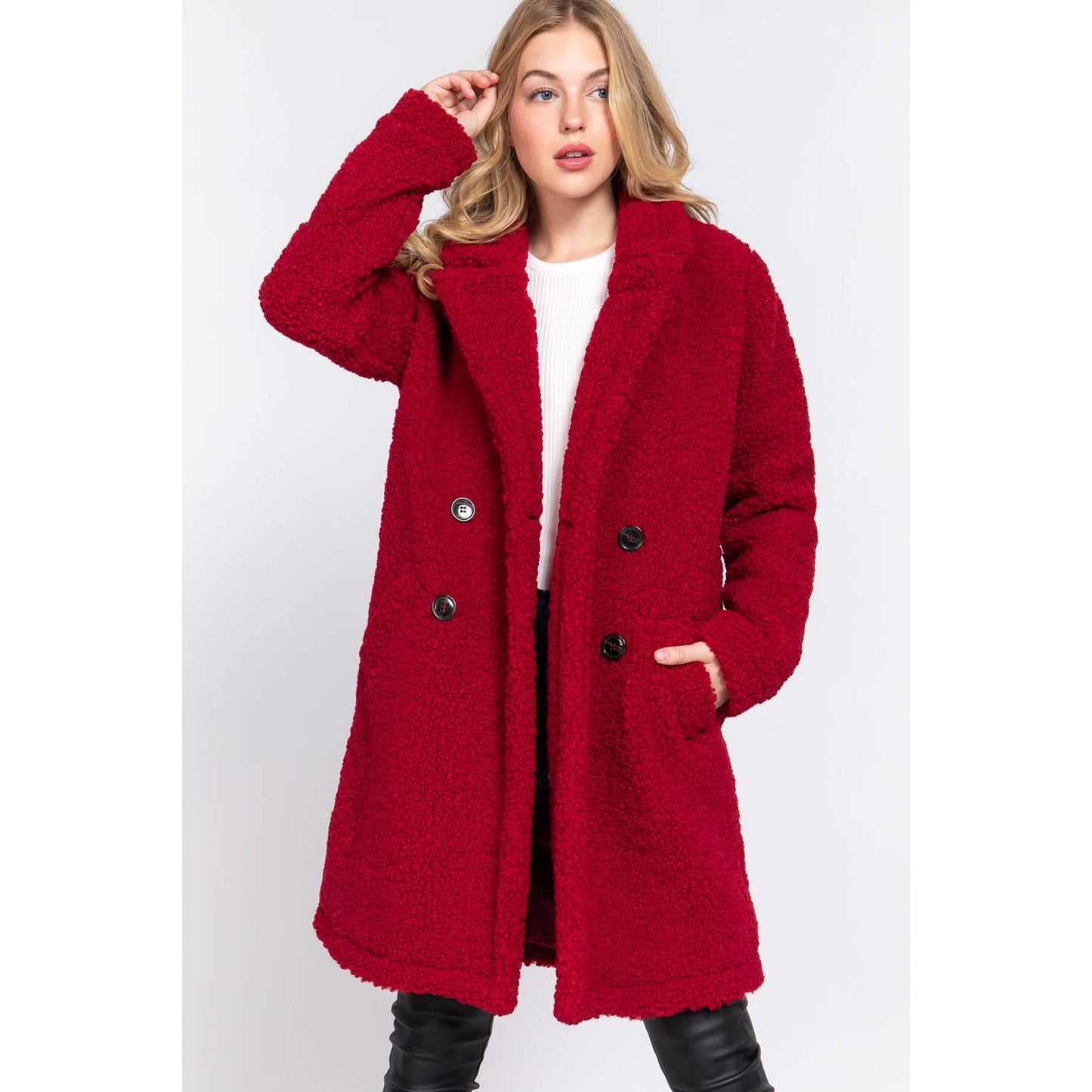 DOUBLE BREASTED FAUX FUR TEDDY COAT: PINK MAUVE / L
