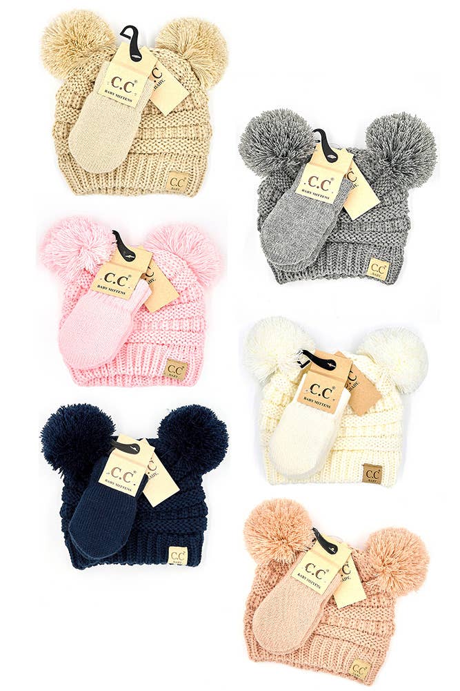 C.C Baby Solid Ribbed Pom Beanie and Mitten Glove: Pale Pink
