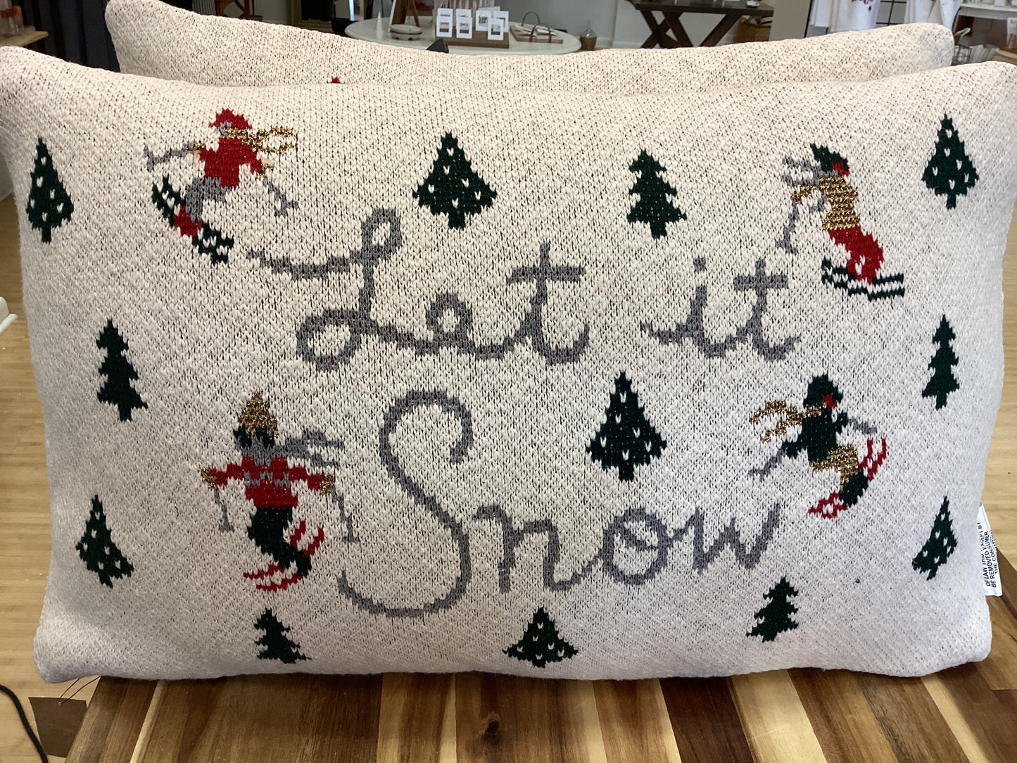 Let it snow with skiers lumbar pillow