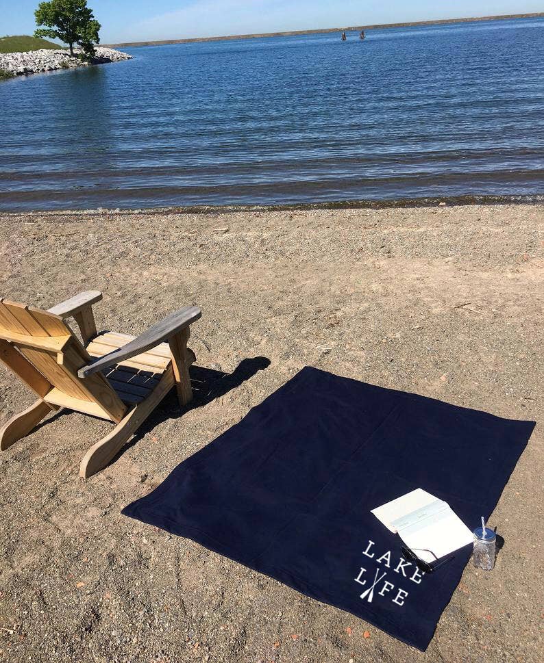 Lake Life Beach Blanket - Camping Sweatshirt Blanket: NAVY