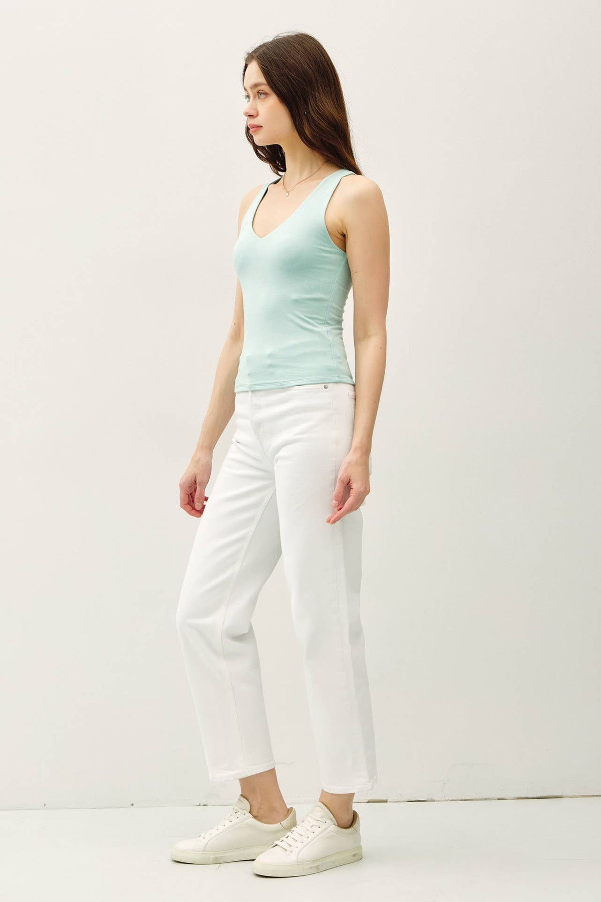 BASIC FULL LENGTH V-NECK TANK:White / L