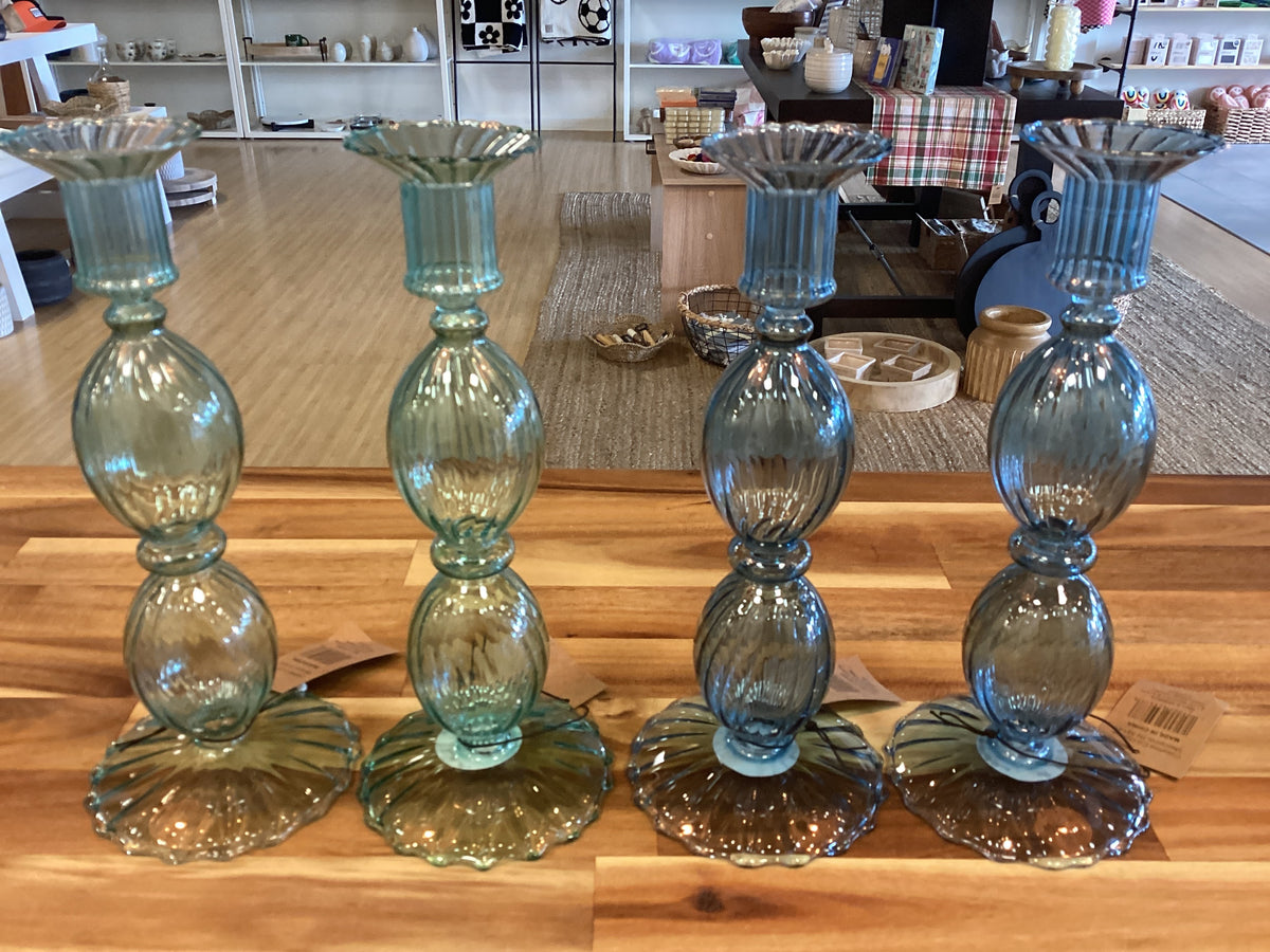 9” glass taper candle holder/green,blue