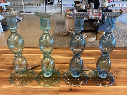 9” glass taper candle holder/green,blue