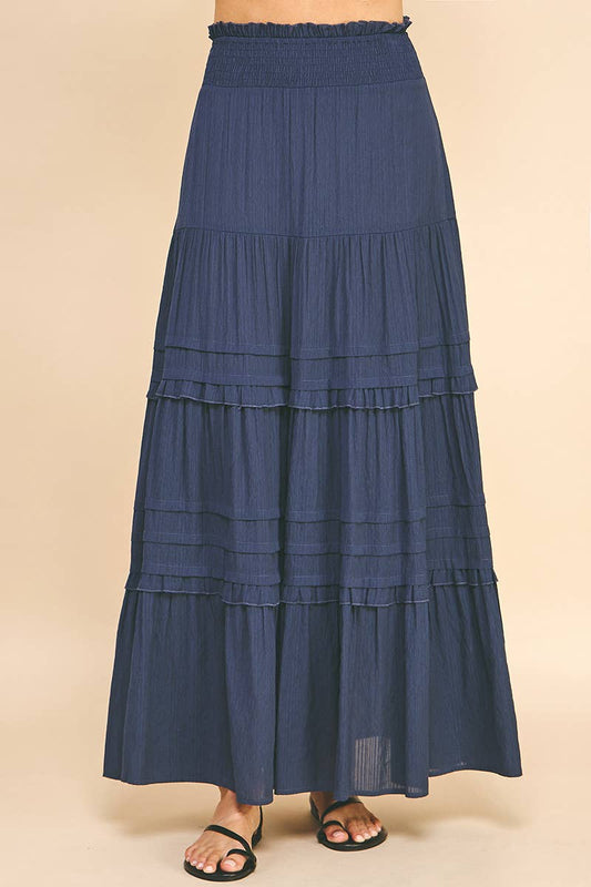 TIERED MAXI DRESS - DUSTY NAVY: L