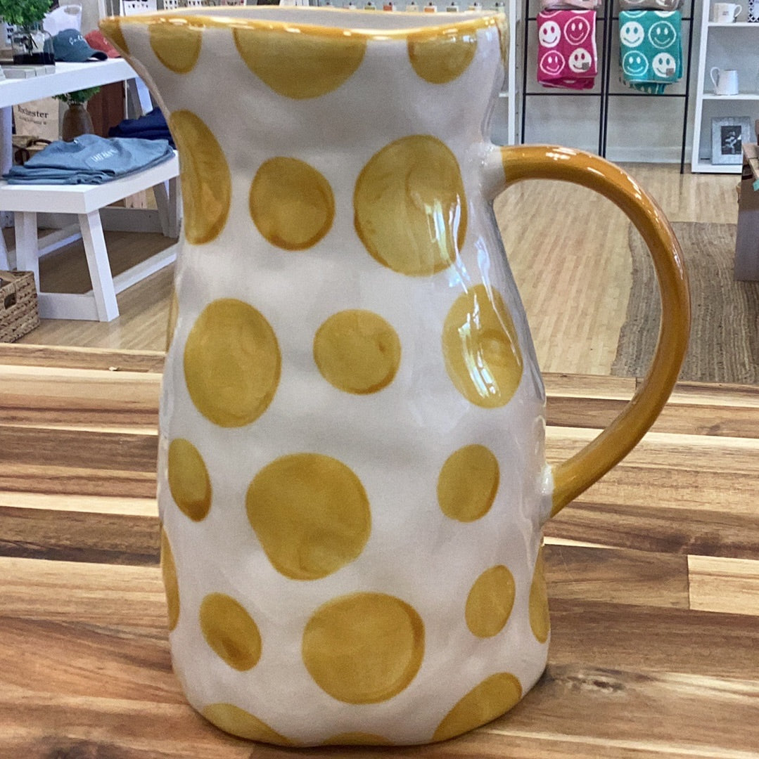 Hand painted stoneware pitcher with yellow dots