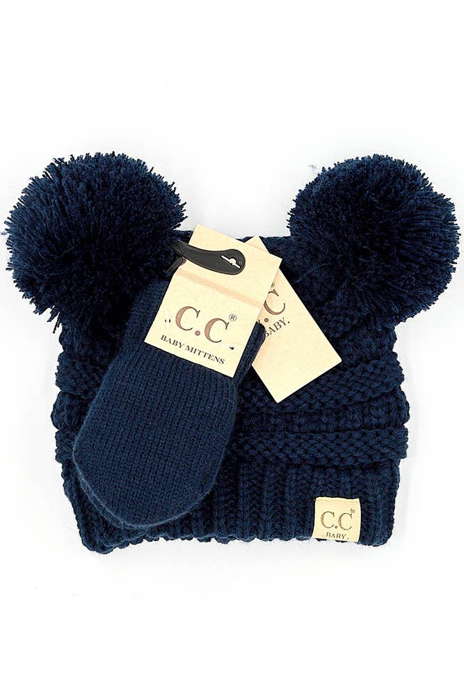 C.C Baby Solid Ribbed Pom Beanie and Mitten Glove: Pale Pink
