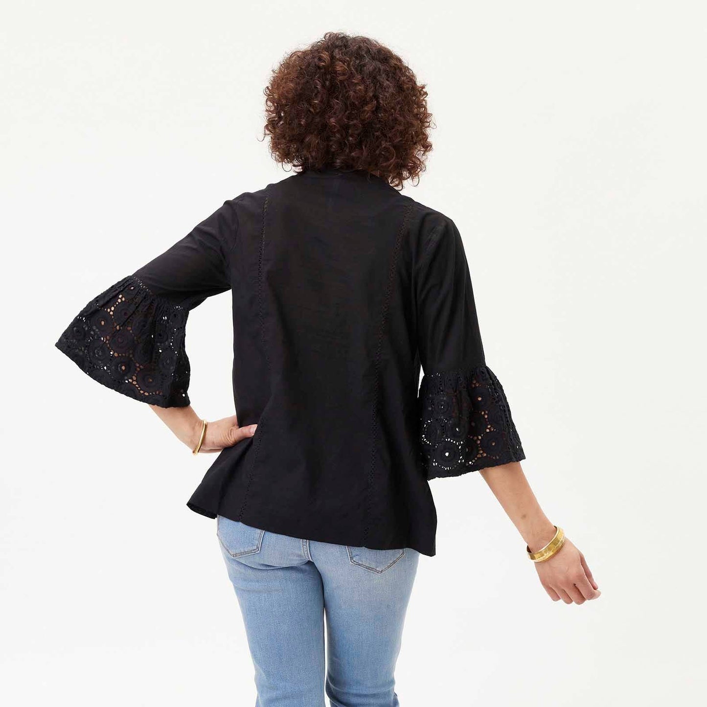 BLACK EYELET Tunic with Bell Sleeve: L