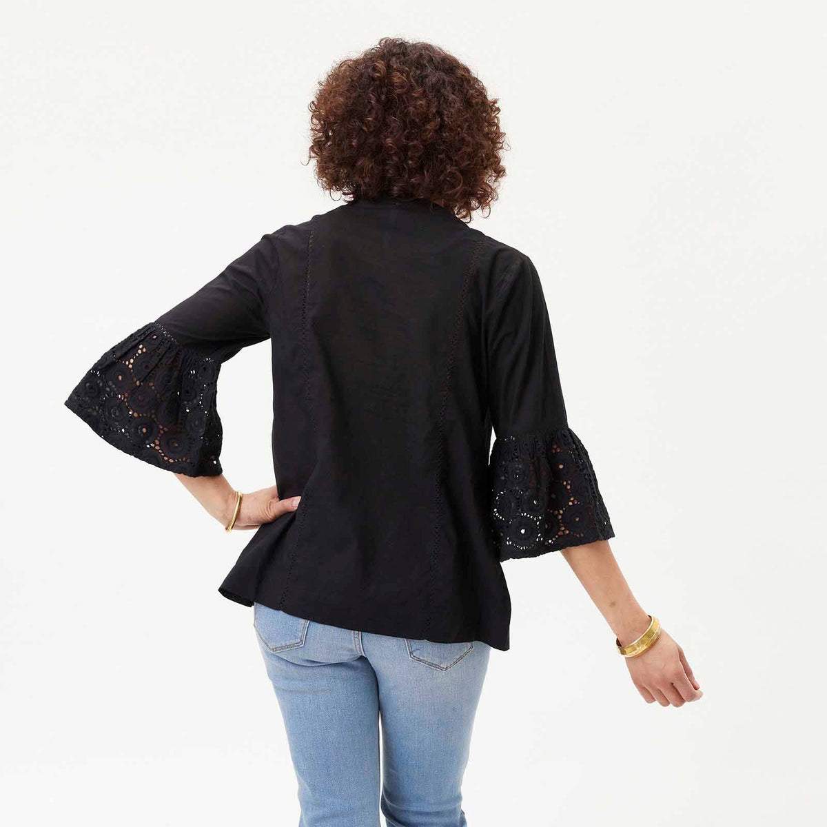 BLACK EYELET Tunic with Bell Sleeve: M