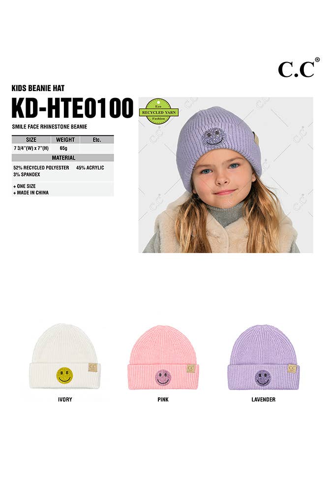 C.C Kids Smile Face Rhinestone Beanie: Ivory