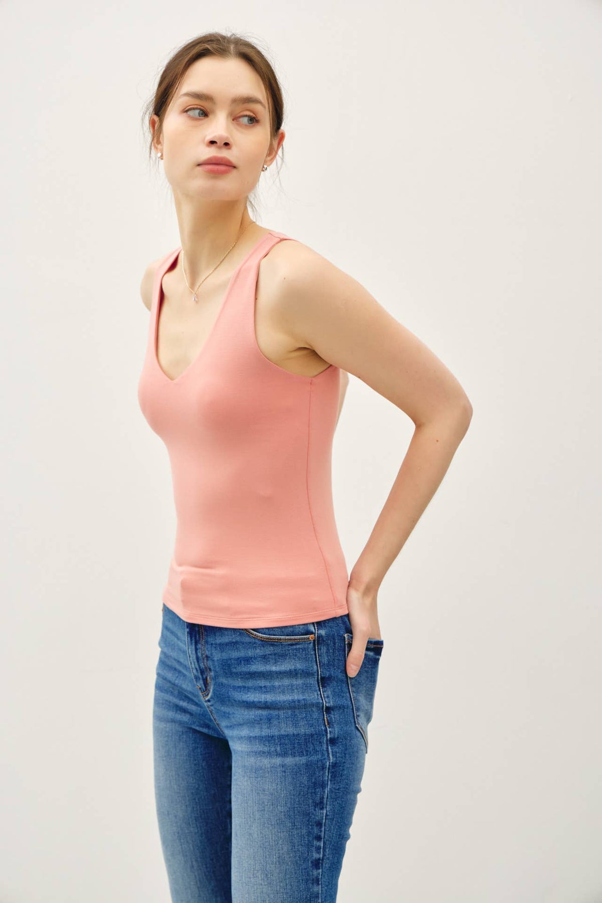 BASIC FULL LENGTH V-NECK TANK:White / S