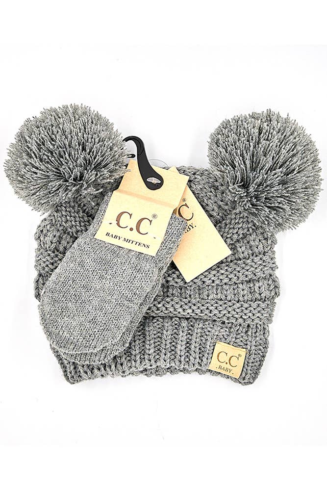 C.C Baby Solid Ribbed Pom Beanie and Mitten Glove: Pale Pink