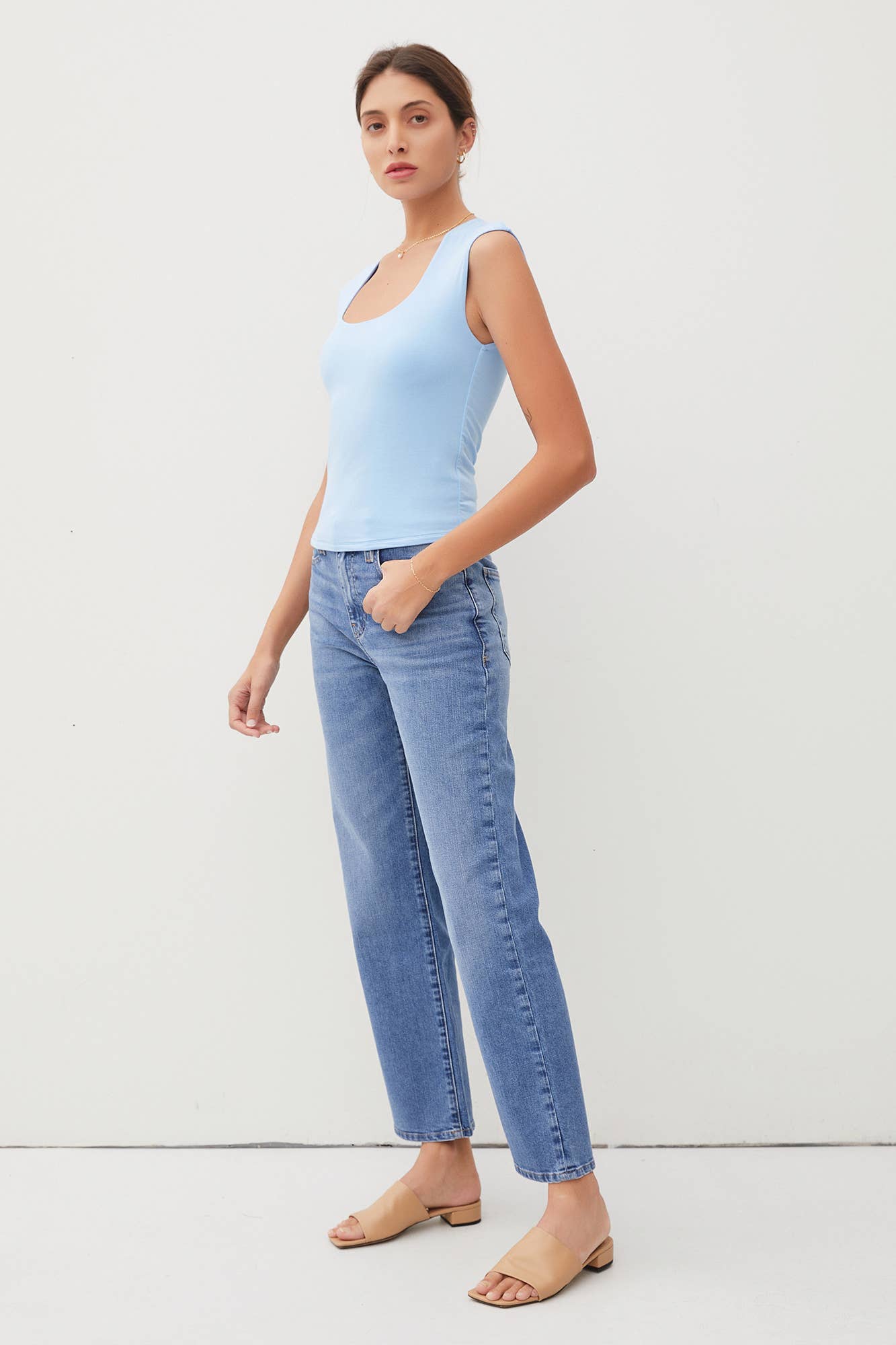 BASIC CAP SLEEVE KNIT TOP: Small / Sky