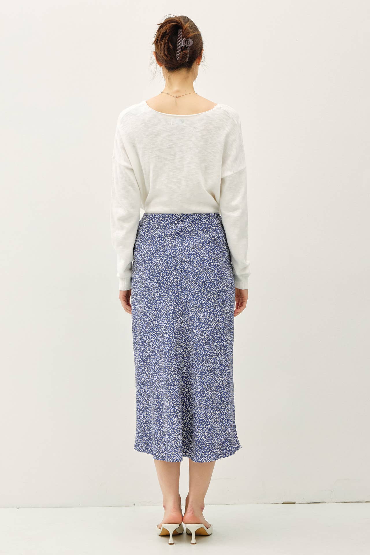 PRINT MIDI SKIRT WITH ELASTIC WAISTBAND: Indigo / M