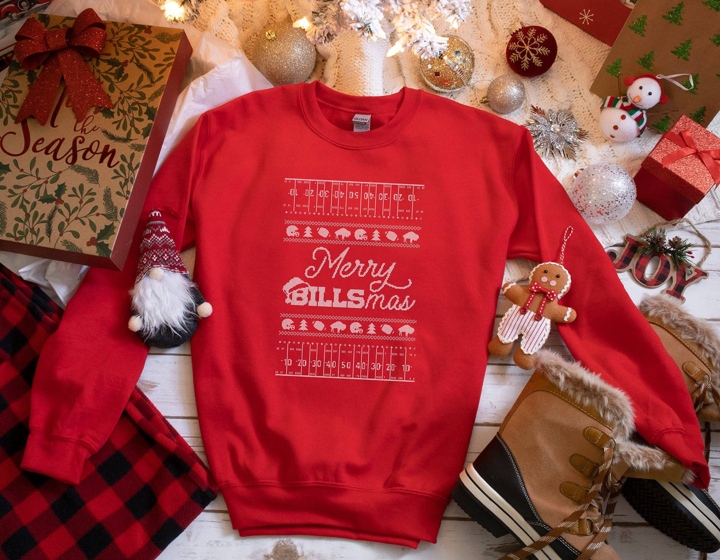 Merry Billsmas Ugly Christmas Sweater Crewneck Sweatshirt: Red / Unisex S