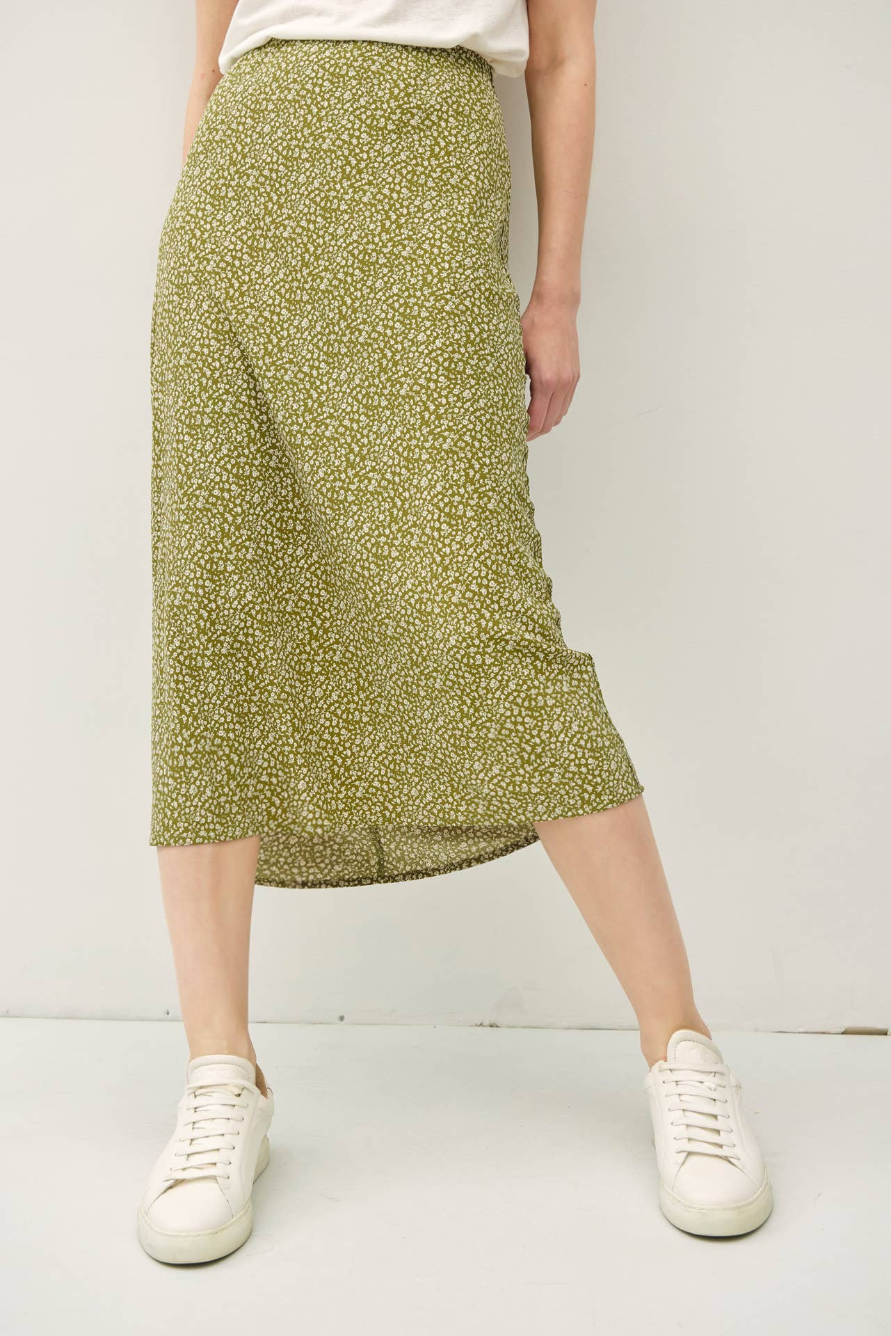 PRINT MIDI SKIRT WITH ELASTIC WAISTBAND: Indigo / M