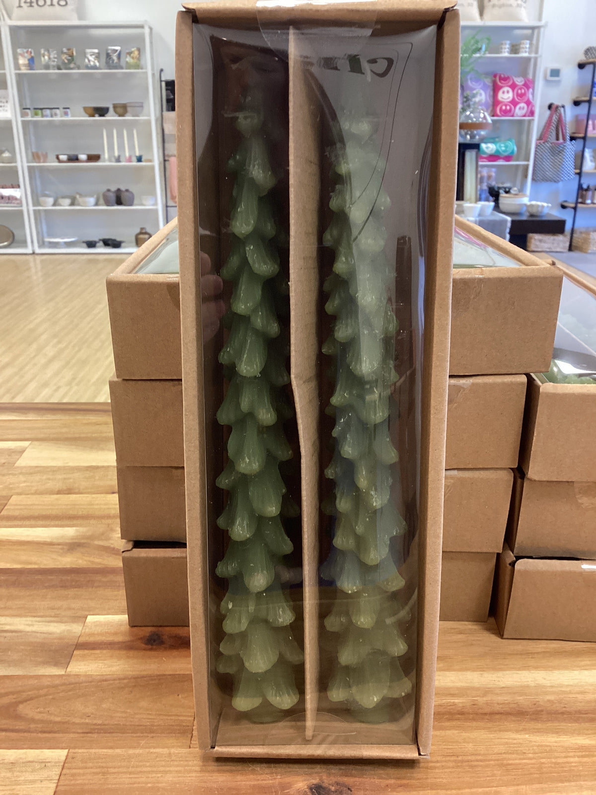 10” tree shaped taper candle, green, set of 2 in a box
