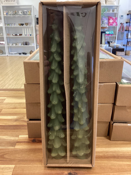 10” tree shaped taper candle, green, set of 2 in a box
