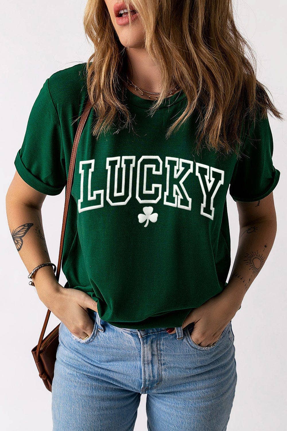 LUCKY Clover Round Neck T Shirt: M / Green