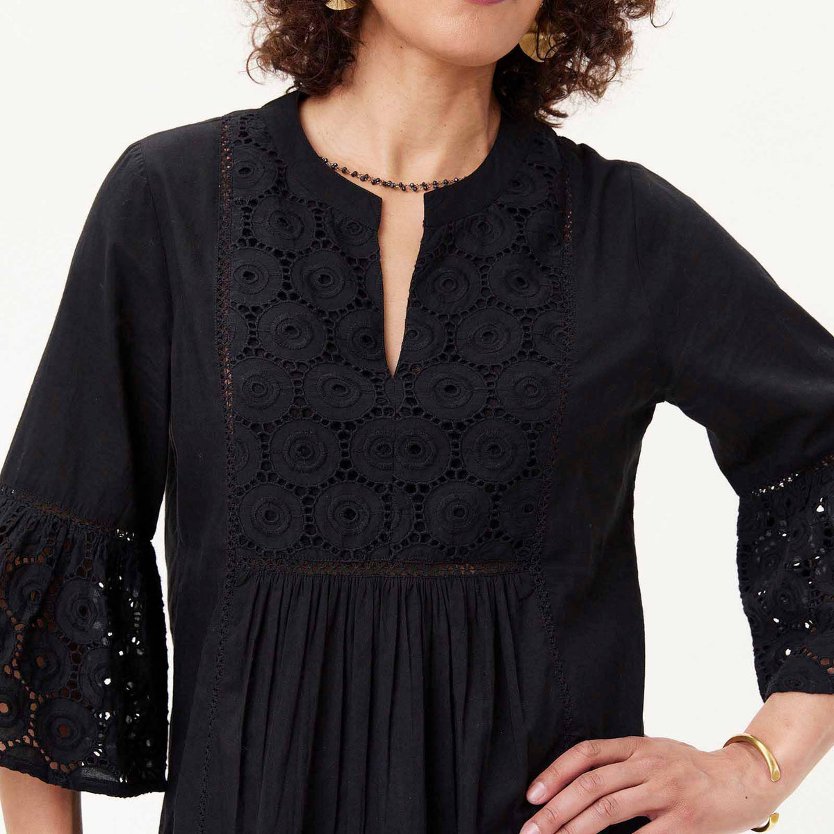 BLACK EYELET Tunic with Bell Sleeve: M