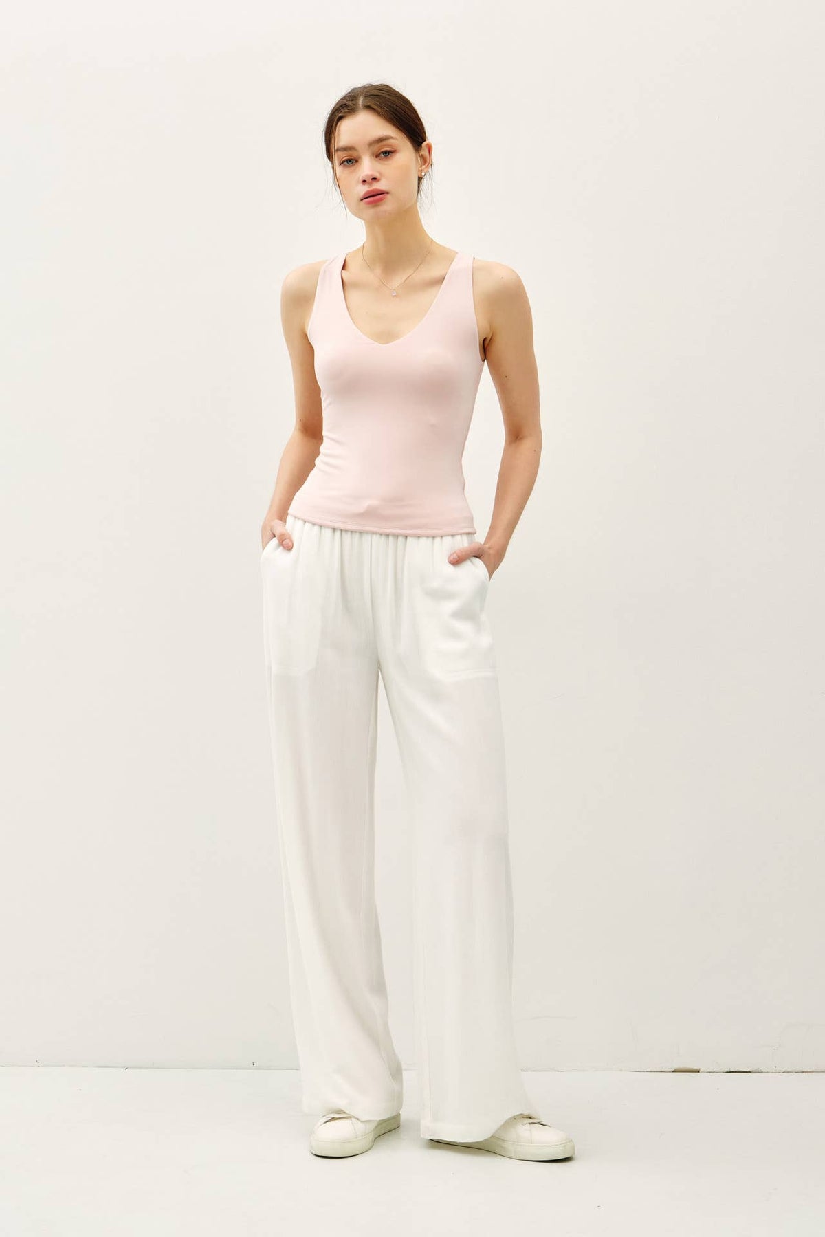 BASIC FULL LENGTH V-NECK TANK:White / L