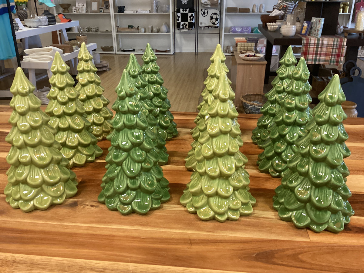5” green stoneware tree, 2 shades of green