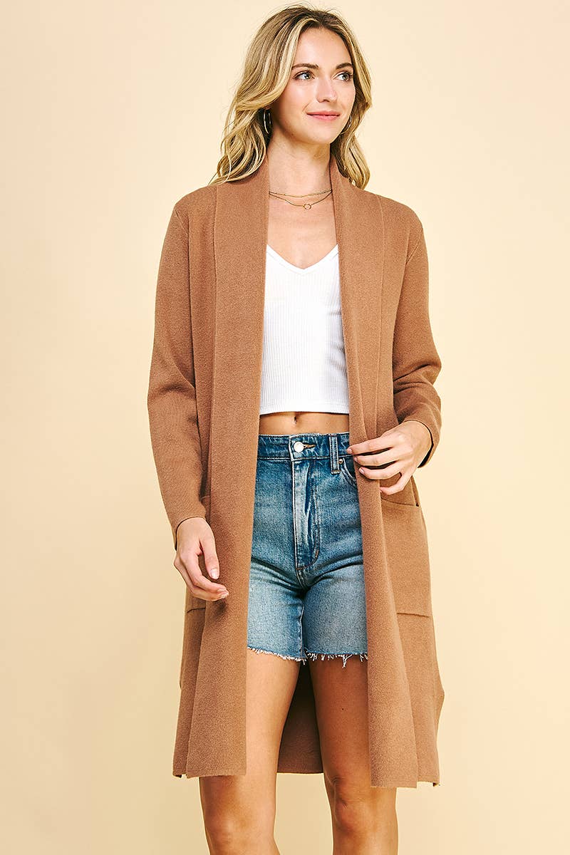 OPEN KNITTED CARDIGAN - CAMEL: SM