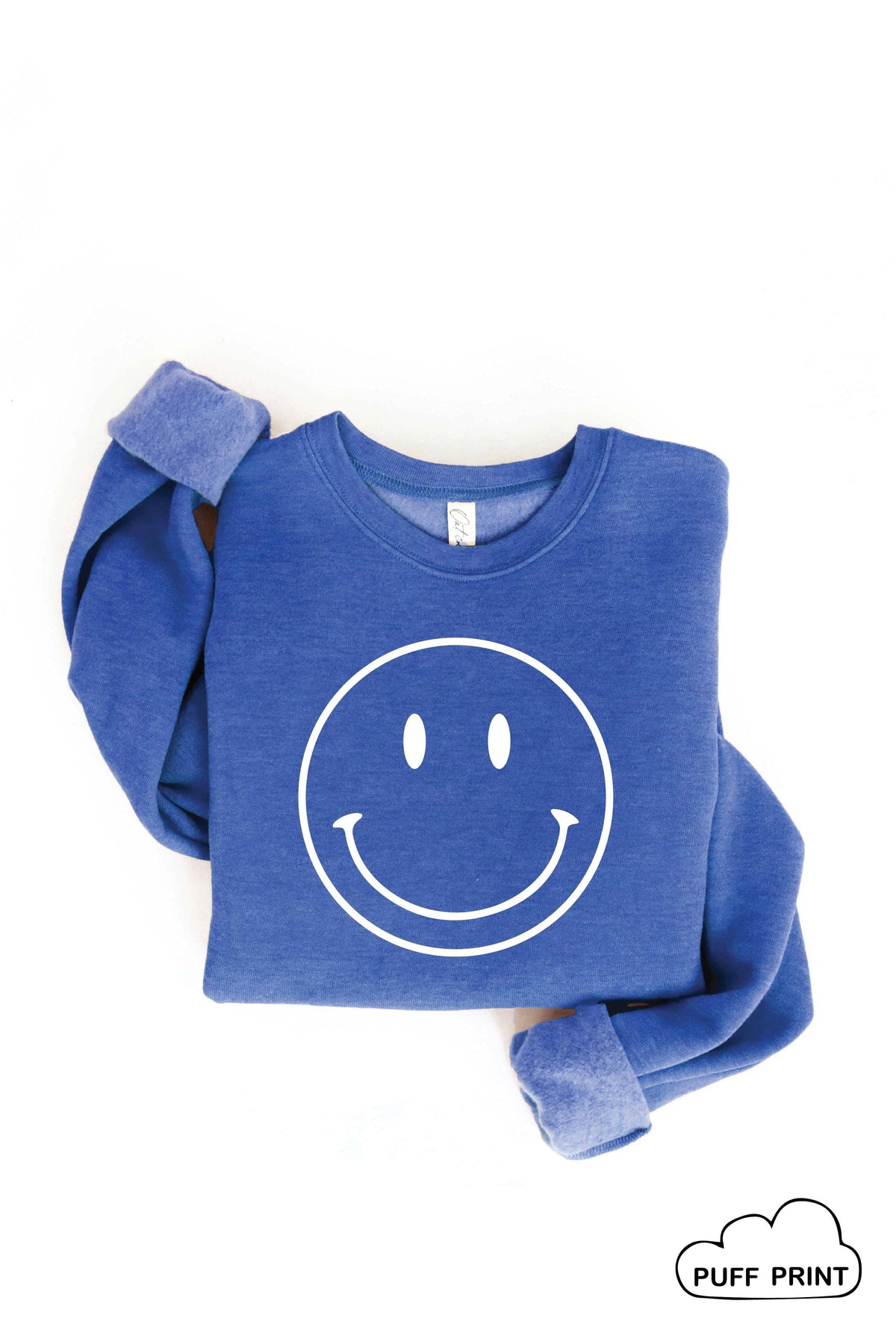 SMILEY FACE Puff Print Graphic Sweatshirt: HEATHER ROYAL blue / L