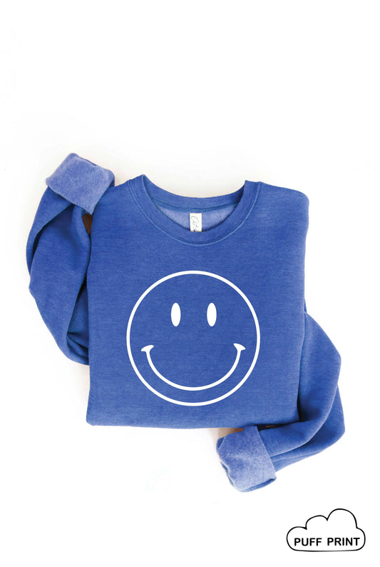 SMILEY FACE Puff Print Graphic Sweatshirt: HEATHER ROYAL blue / XL