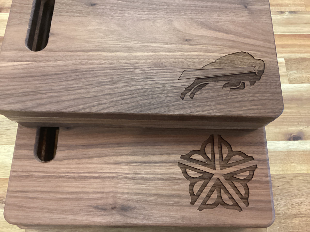 Walnut cutting/charcuterie board, Bills & Rochester flower symbol