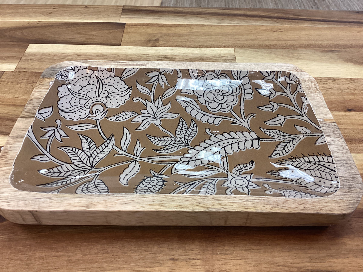 Wood tray/ brown and white floral