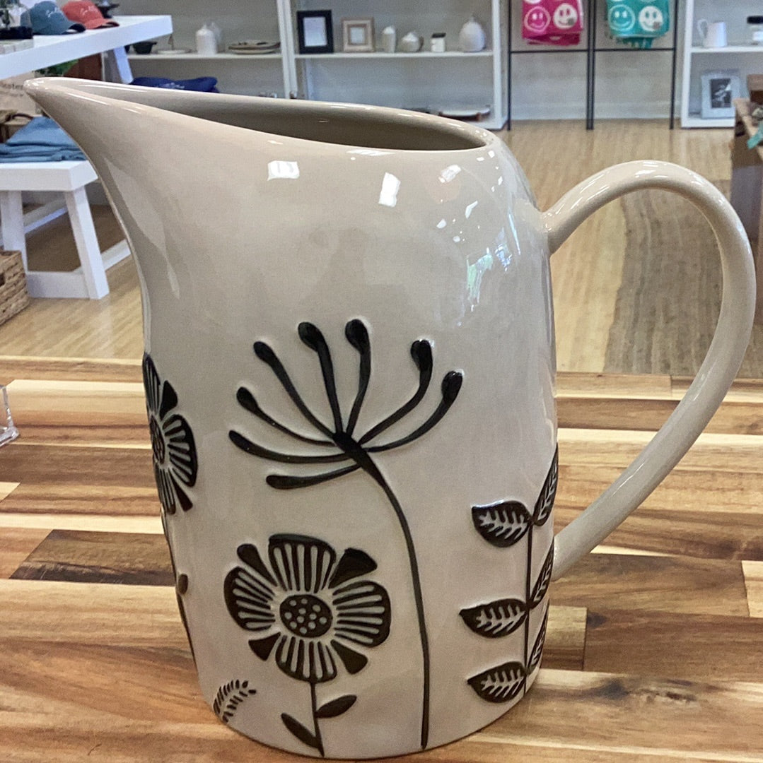 Cream Stoneware pitcher with black flowers