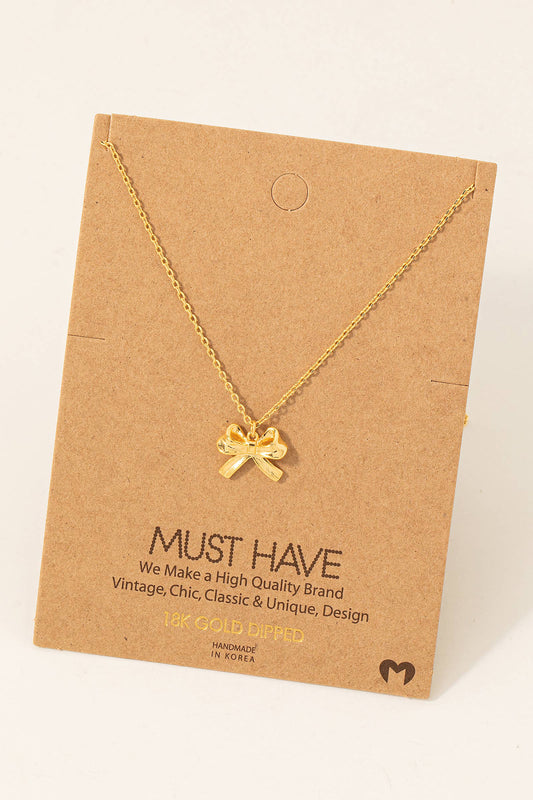 Gold Dipped Ribbon Bow Necklace: Gold