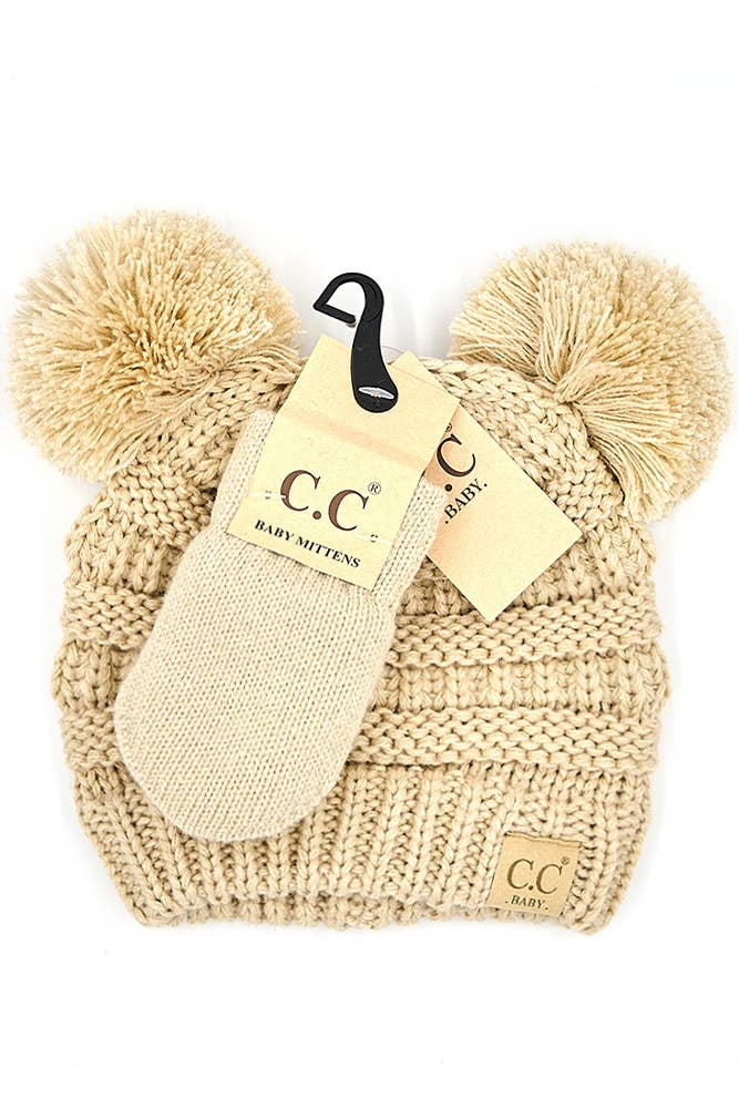 C.C Baby Solid Ribbed Pom Beanie and Mitten Glove: Pale Pink