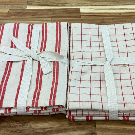 Grid and striped tea towels set of 3… red and natural