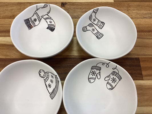 Bowl w/ winter apparel…gloves,hat,scarf,socks
