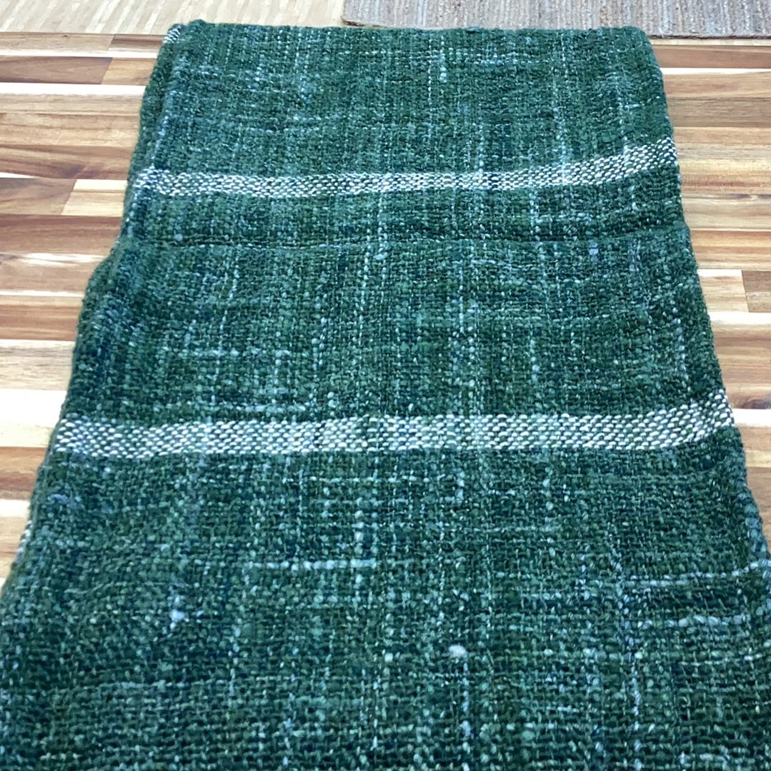 72” L wool blend table runner…green with white stripes and fringe