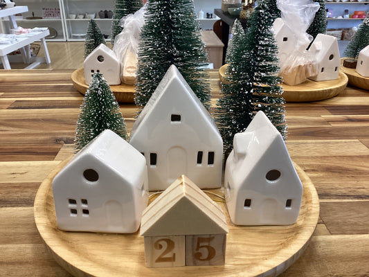 Houses and trees on wood base, light up