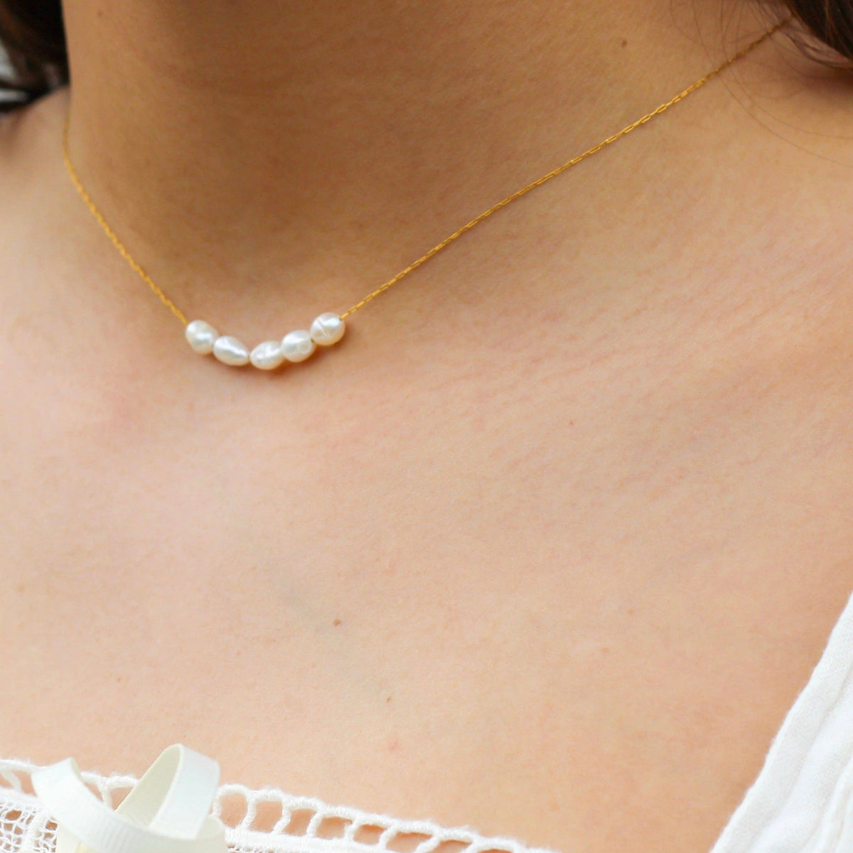 Dainty Freshwater Pearls Necklace, Waterproof, Gold