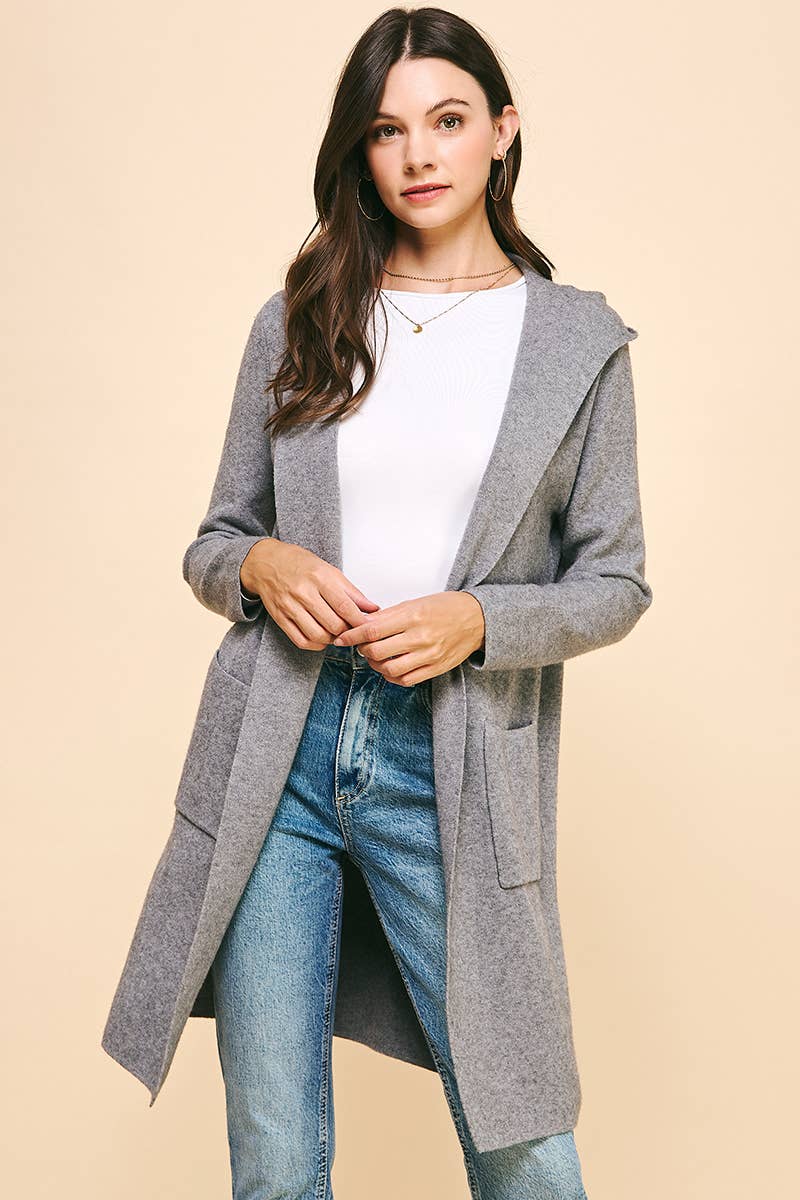 OPEN KNIT hooded CARDIGAN - WARM GREY: ML