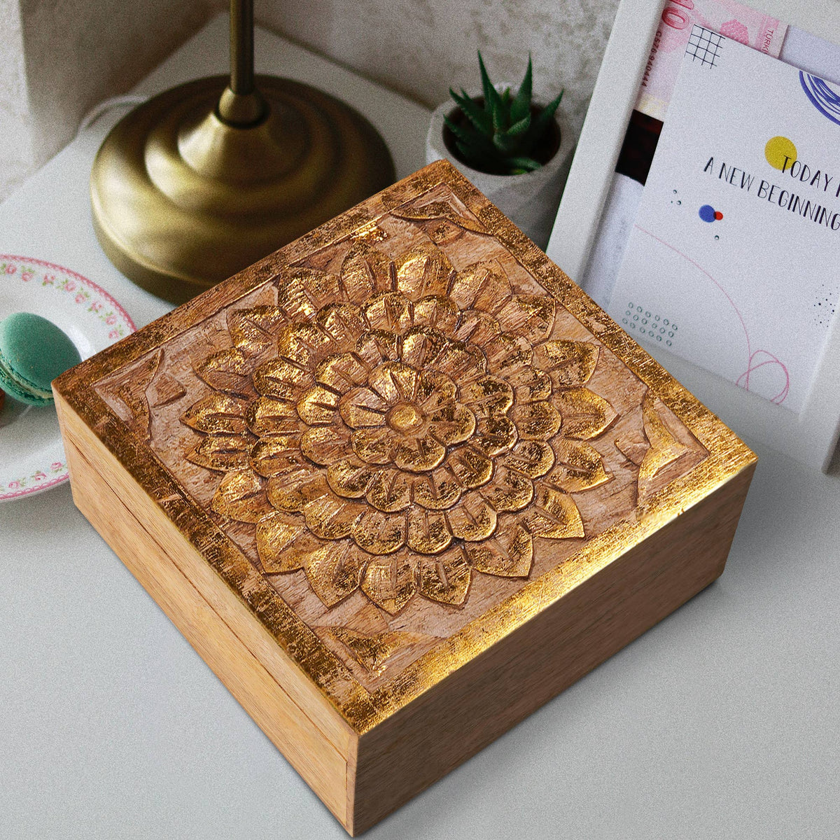 Blossom Box in Gold and Natural: Medium- 7.5” x 7.5” x 3.5”