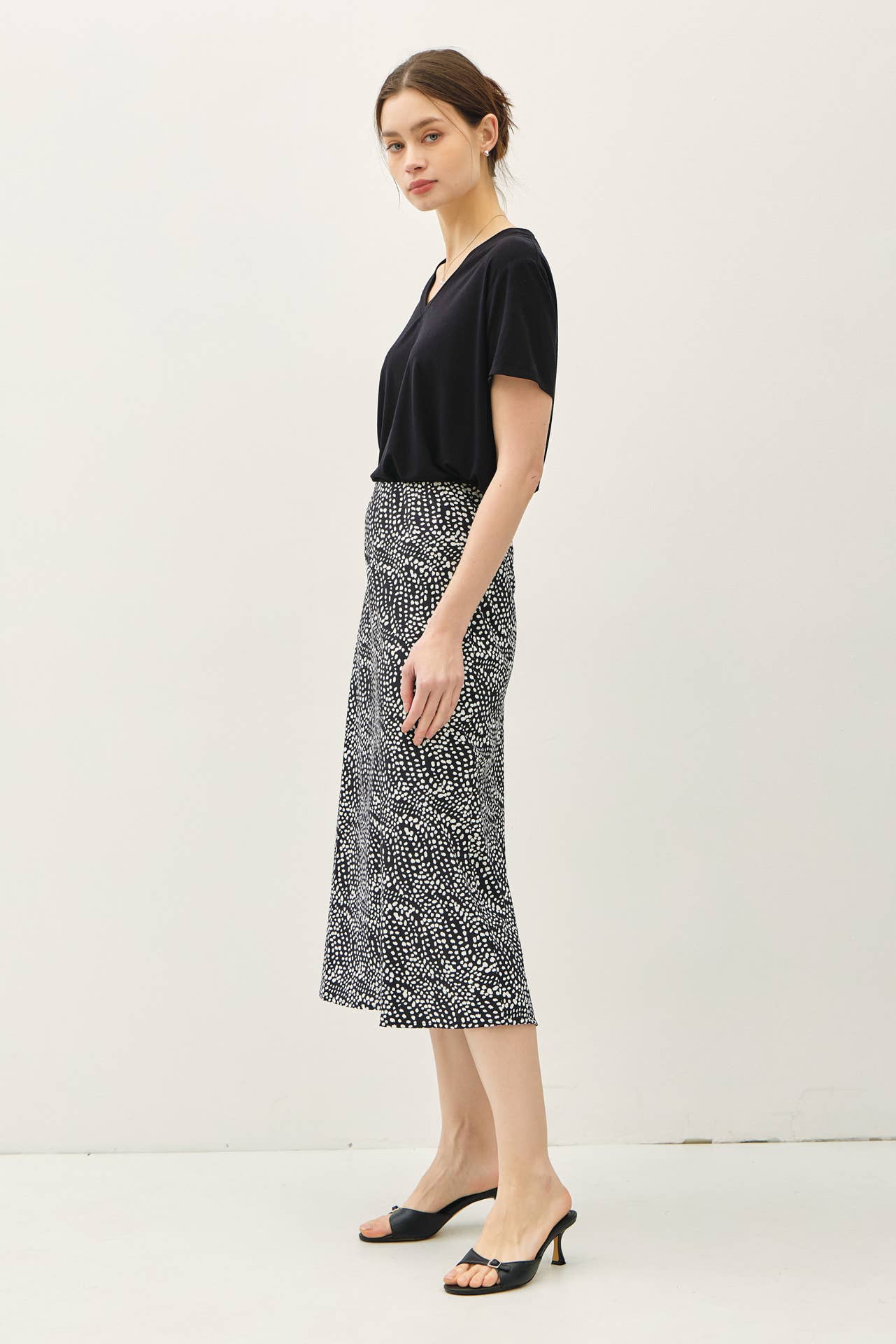 PRINT MIDI SKIRT WITH ELASTIC WAISTBAND: Indigo / M
