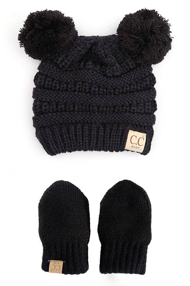 C.C Baby Solid Ribbed Pom Beanie and Mitten Glove: Light Melange Gray