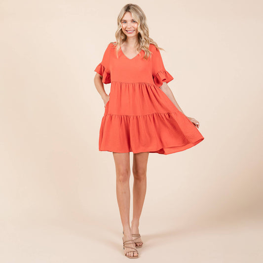 Layered Pleated Flutter Ruffle Sleeve  Tiered Dress: Terracotta / Medium 8-10