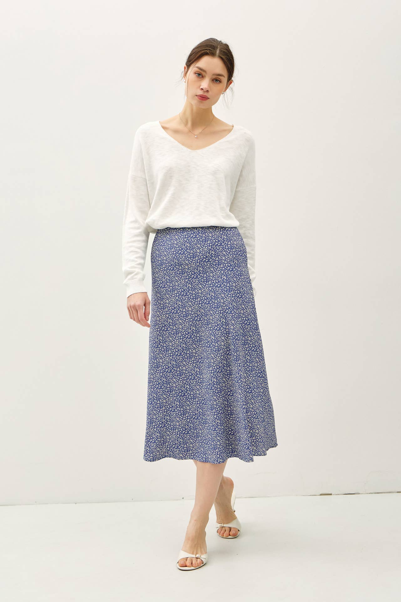 PRINT MIDI SKIRT WITH ELASTIC WAISTBAND: Indigo / M