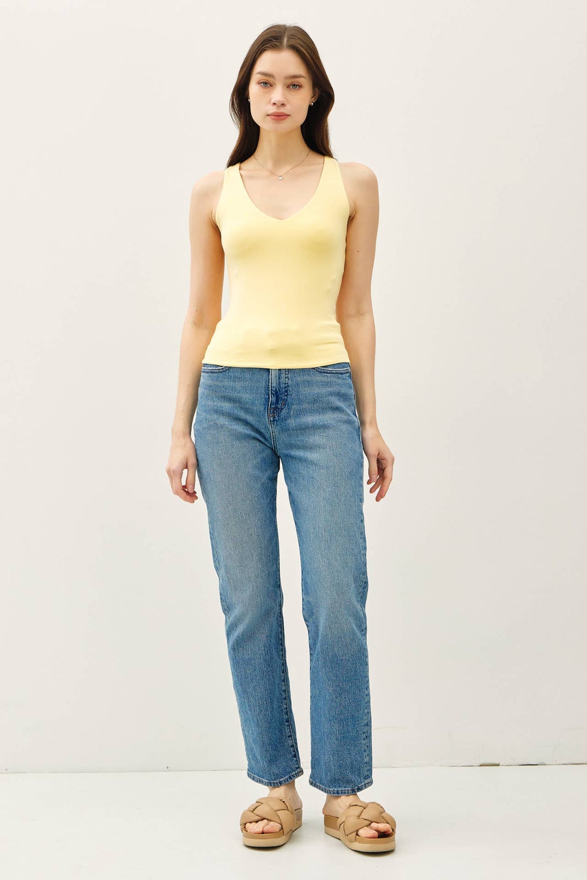 BASIC FULL LENGTH V-NECK TANK:White / L