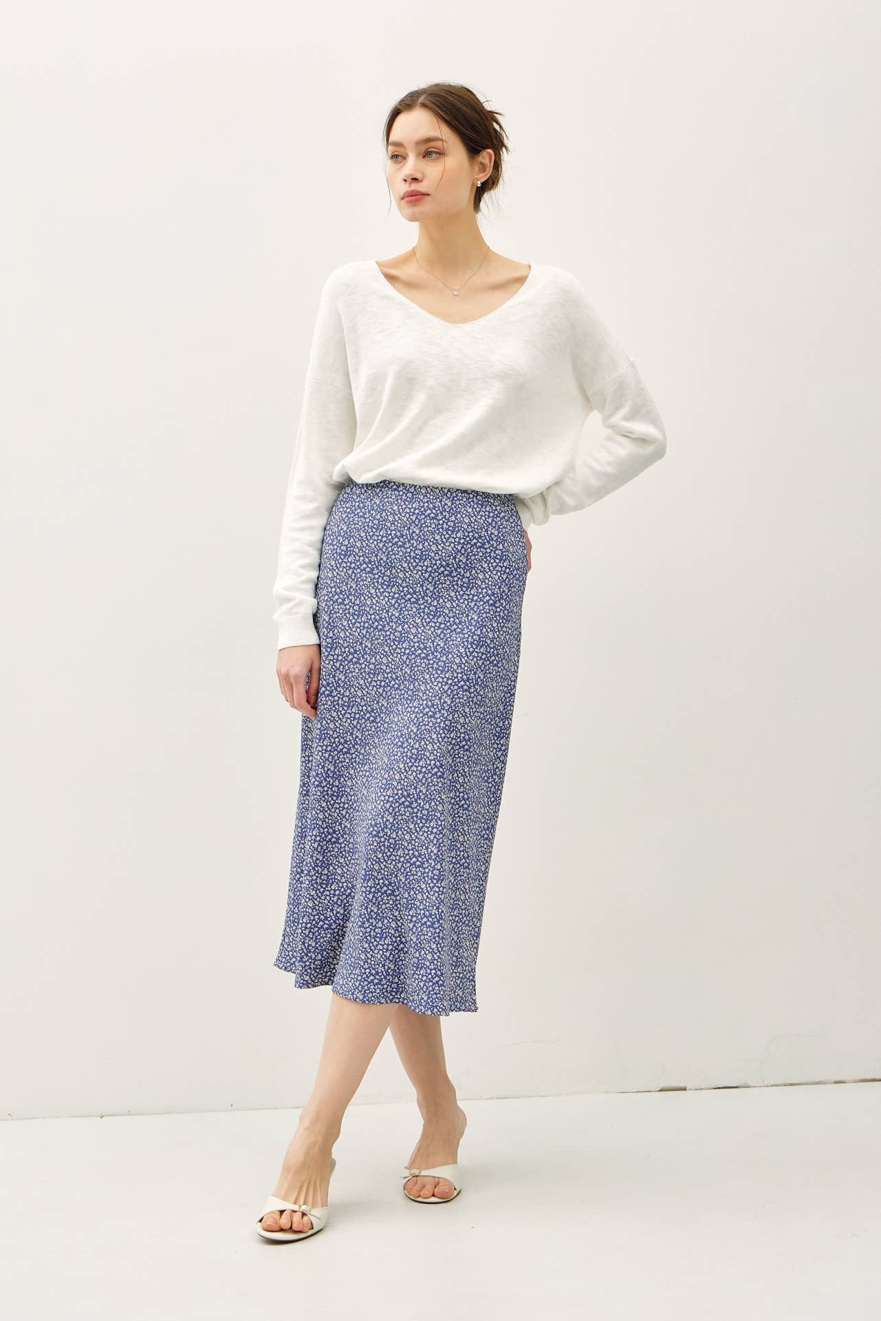 PRINT MIDI SKIRT WITH ELASTIC WAISTBAND: Indigo / M
