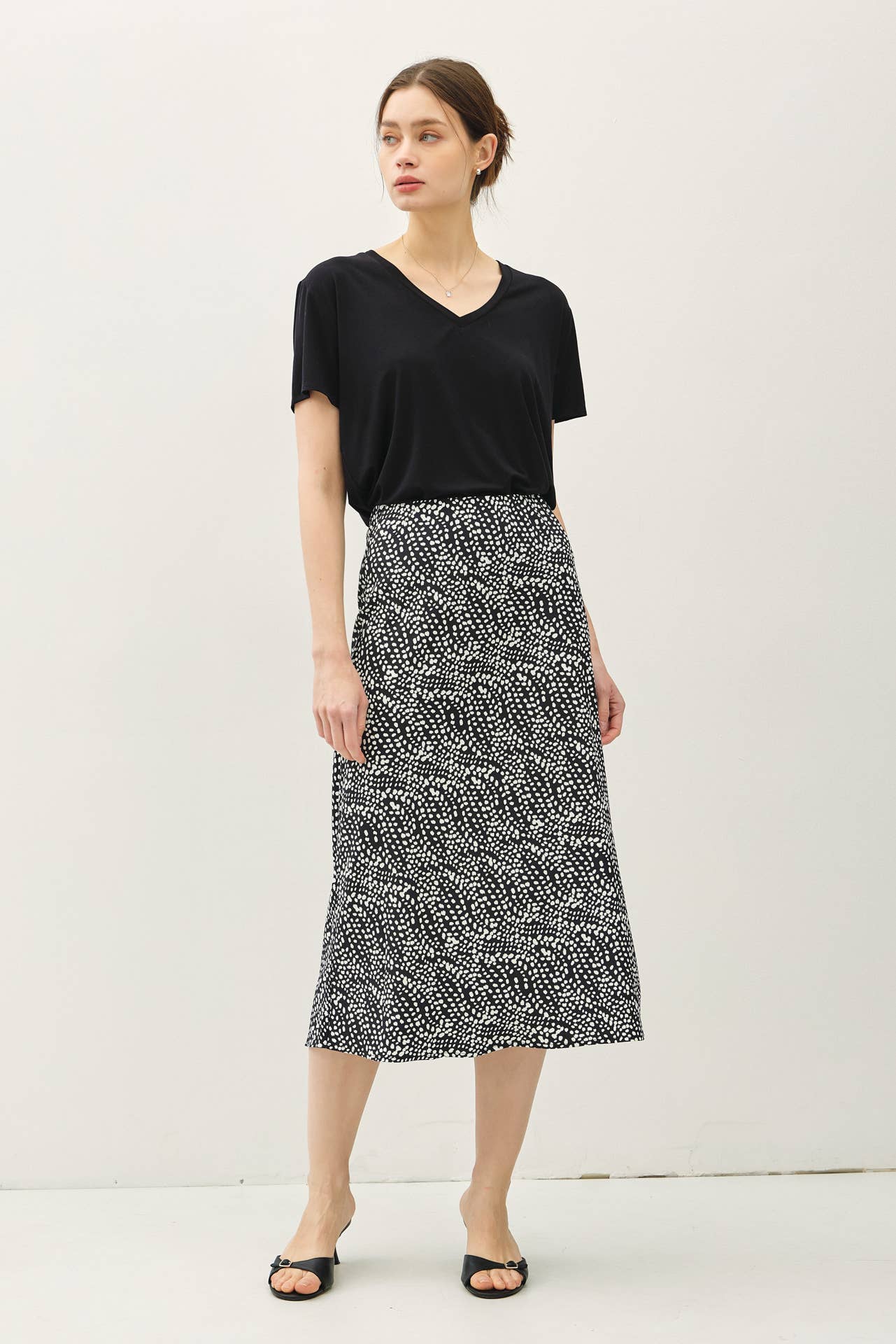 PRINT MIDI SKIRT WITH ELASTIC WAISTBAND: Indigo / M